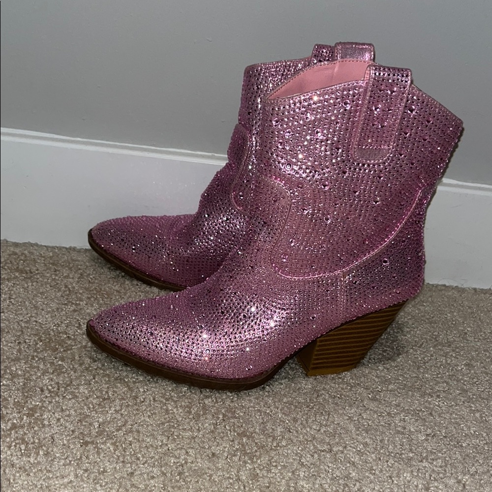 Pink Glitter Cowgirl Ankle Boots